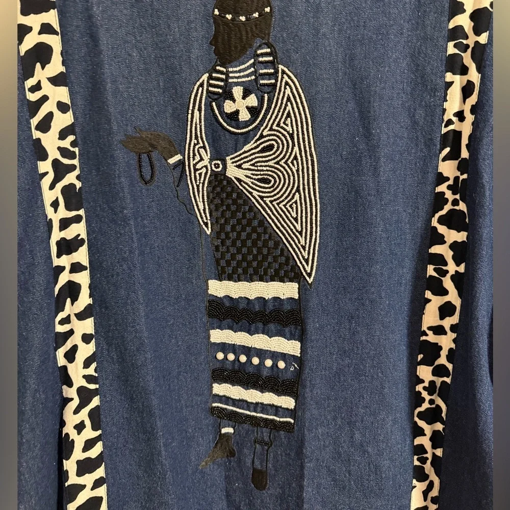 Vintage Molato Embellished beaded Longline Open Cardigan Duster Coat denim Large - Picture 5 of 9